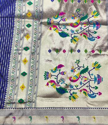 Navy blue zari woven paithani silk blend saree with blouse piece 5