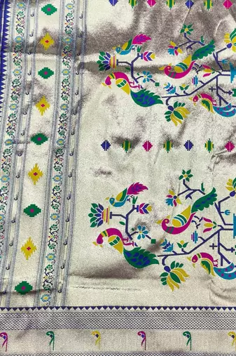 Navy blue zari woven paithani silk blend saree with blouse piece