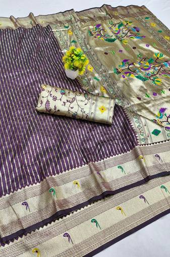 Wine zari woven paithani silk blend saree with blouse piece