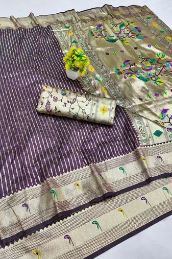 Wine zari woven paithani silk blend saree with blouse piece