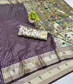 Wine zari woven paithani silk blend saree with blouse piece