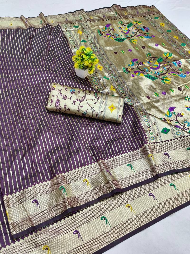 Wine zari woven paithani silk blend saree with blouse piece