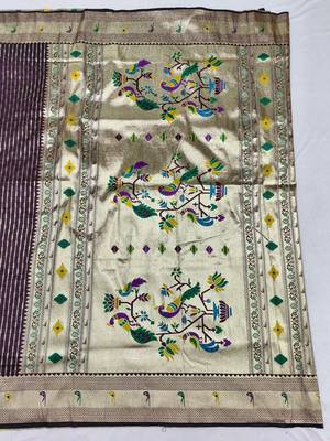 Wine zari woven paithani silk blend saree with blouse piece 2