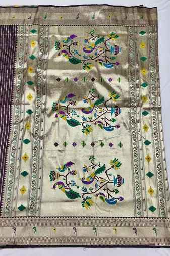Wine zari woven paithani silk blend saree with blouse piece