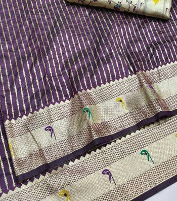 Wine zari woven paithani silk blend saree with blouse piece 3