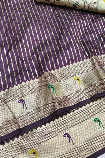Wine zari woven paithani silk blend saree with blouse piece