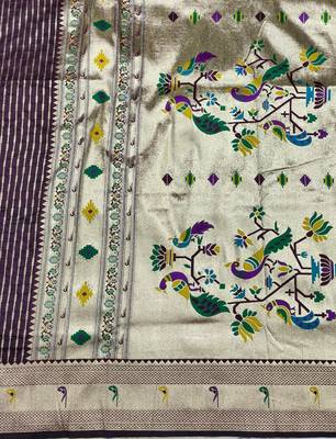 Wine zari woven paithani silk blend saree with blouse piece 5