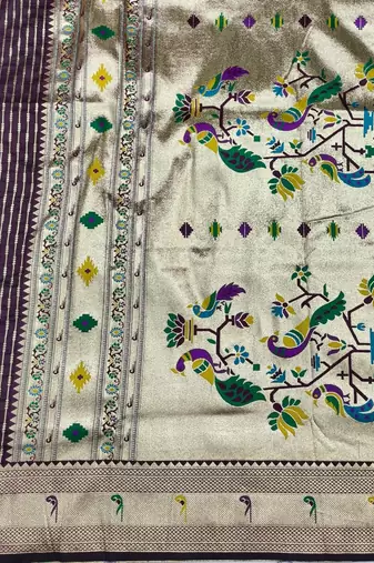 Wine zari woven paithani silk blend saree with blouse piece