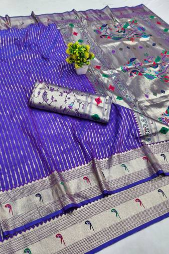 Purple zari woven paithani silk blend saree with blouse piece