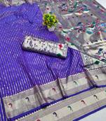 Purple zari woven paithani silk blend saree with blouse piece