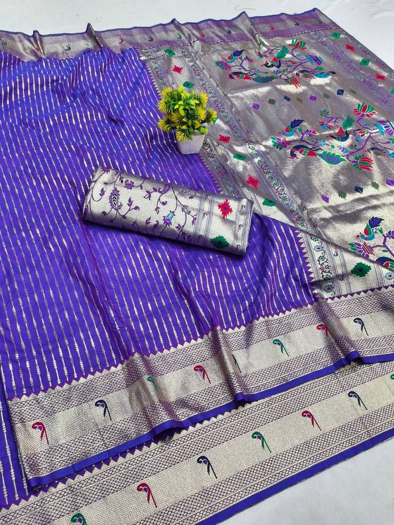 Purple zari woven paithani silk blend saree with blouse piece