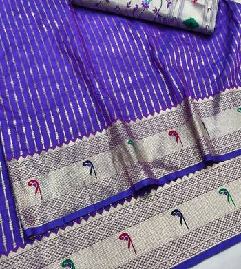Purple zari woven paithani silk blend saree with blouse piece 3