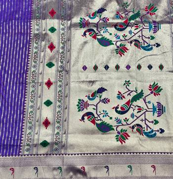 Purple zari woven paithani silk blend saree with blouse piece 5