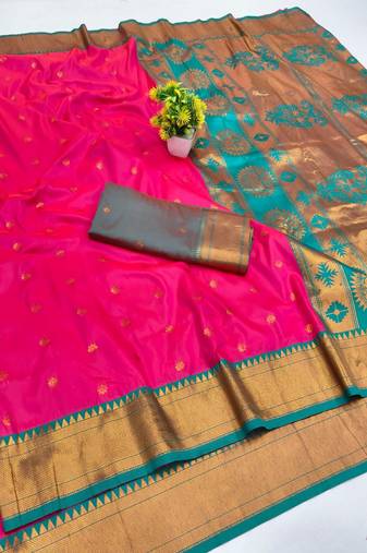 Rani pink zari woven paithani silk blend saree with blouse piece