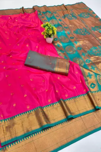 Rani pink zari woven paithani silk blend saree with blouse piece