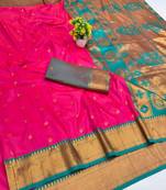 Rani pink zari woven paithani silk blend saree with blouse piece