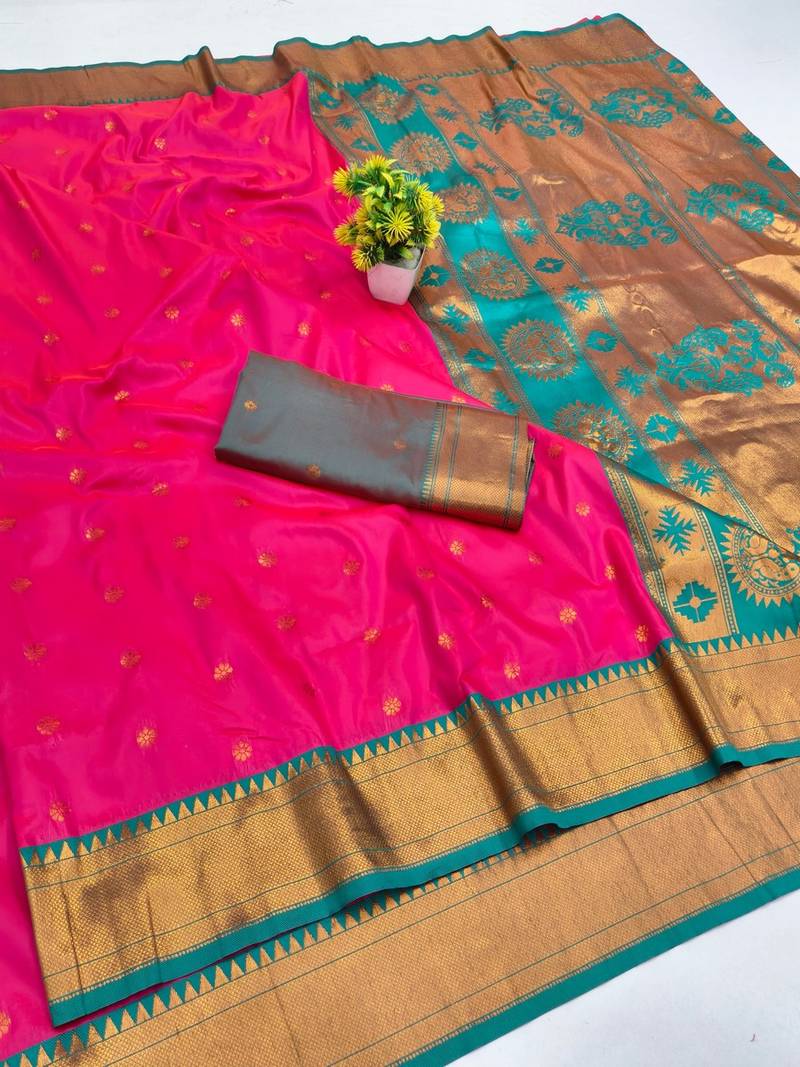 Rani pink zari woven paithani silk blend saree with blouse piece