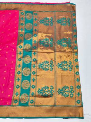 Rani pink zari woven paithani silk blend saree with blouse piece 2