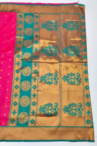 Rani pink zari woven paithani silk blend saree with blouse piece