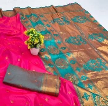 Rani pink zari woven paithani silk blend saree with blouse piece 3
