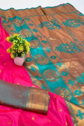Rani pink zari woven paithani silk blend saree with blouse piece