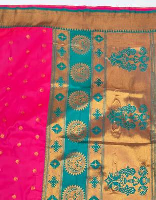 Rani pink zari woven paithani silk blend saree with blouse piece 5