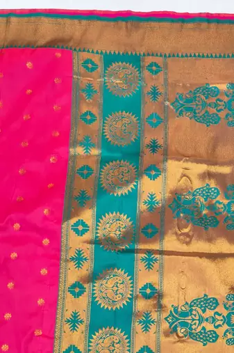 Rani pink zari woven paithani silk blend saree with blouse piece