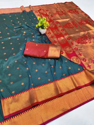 Firozi zari woven paithani silk blend saree with blouse piece 1