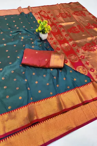 Firozi zari woven paithani silk blend saree with blouse piece