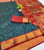 Firozi zari woven paithani silk blend saree with blouse piece