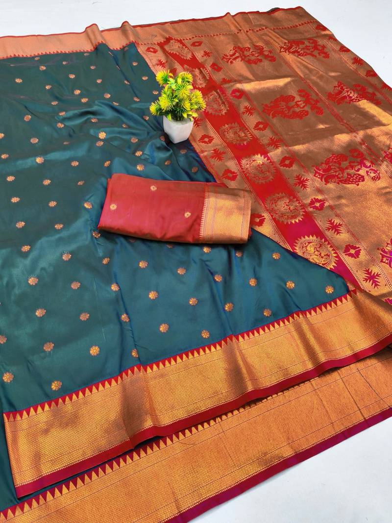 Firozi zari woven paithani silk blend saree with blouse piece