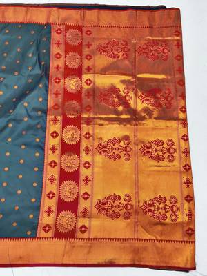Firozi zari woven paithani silk blend saree with blouse piece 2