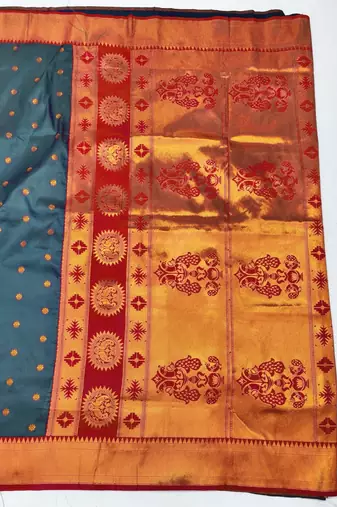 Firozi zari woven paithani silk blend saree with blouse piece