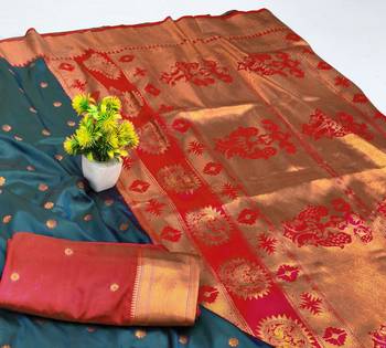 Firozi zari woven paithani silk blend saree with blouse piece 3
