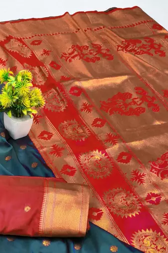 Firozi zari woven paithani silk blend saree with blouse piece