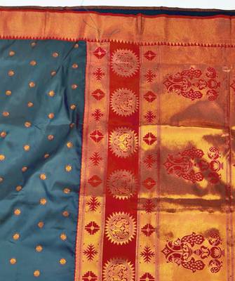 Firozi zari woven paithani silk blend saree with blouse piece 5