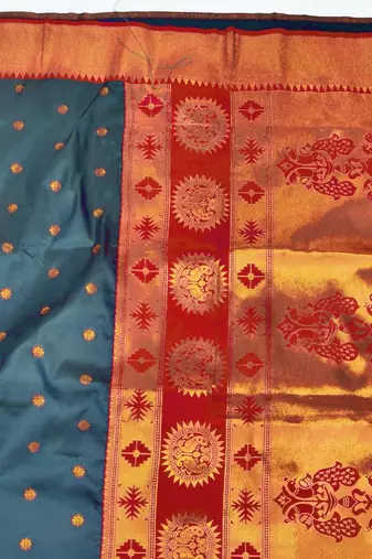 Firozi zari woven paithani silk blend saree with blouse piece