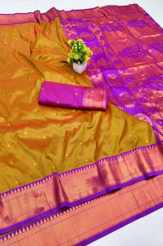 Mehendi zari woven paithani silk blend saree with blouse piece