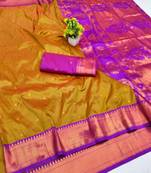 Mehendi zari woven paithani silk blend saree with blouse piece
