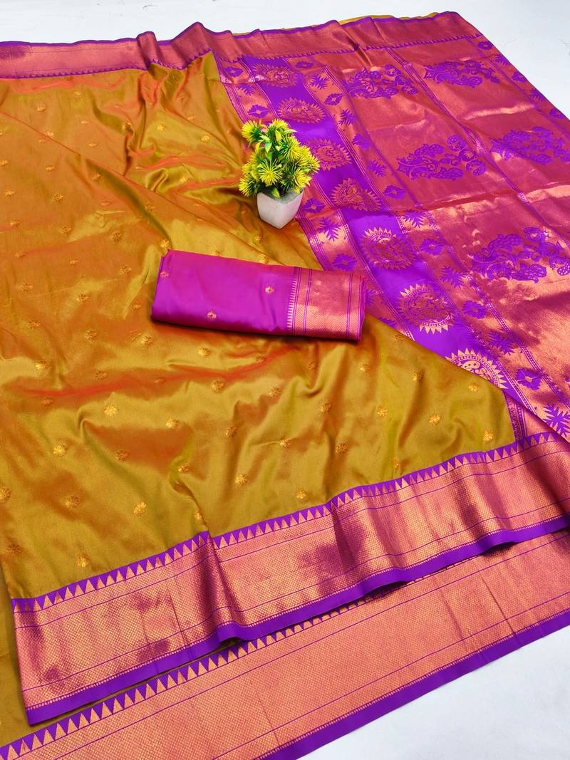 Mehendi zari woven paithani silk blend saree with blouse piece