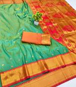 Light green zari woven paithani silk blend saree with blouse piece