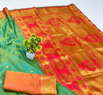 Light green zari woven paithani silk blend saree with blouse piece 3