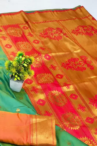 Light green zari woven paithani silk blend saree with blouse piece