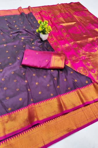 Wine zari woven paithani silk blend saree with blouse piece