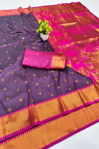 Wine zari woven paithani silk blend saree with blouse piece