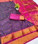 Wine zari woven paithani silk blend saree with blouse piece
