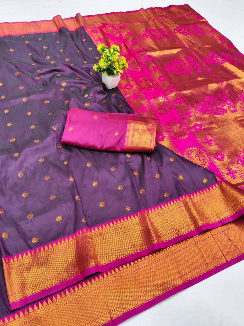 Wine zari woven paithani silk blend saree with blouse piece