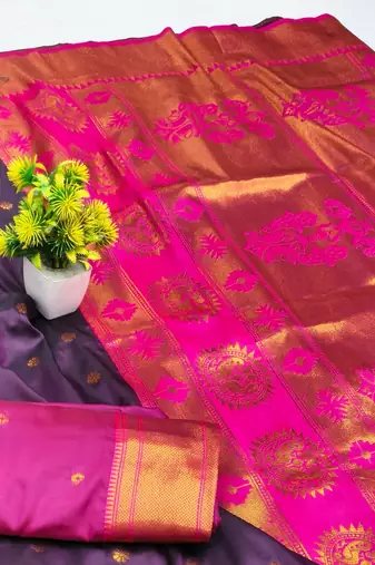 Wine zari woven paithani silk blend saree with blouse piece