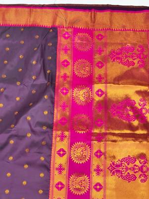 Wine zari woven paithani silk blend saree with blouse piece 5