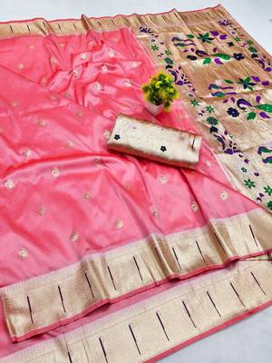 Light pink zari woven paithani silk blend saree with blouse piece 1